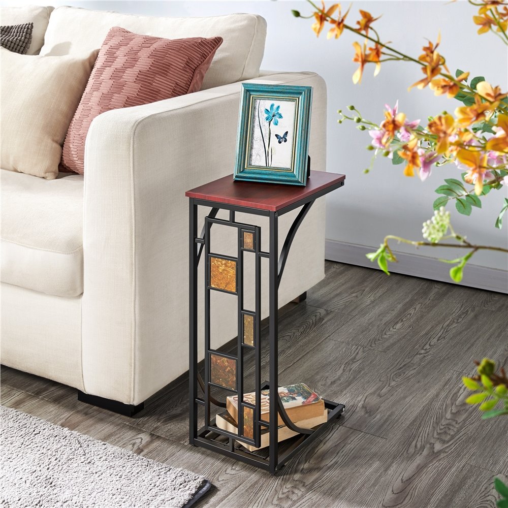 End Table C-Shaped Side Tables Antique Coffee Table With Storage Shelf For Living Room, Office(Grid Style)